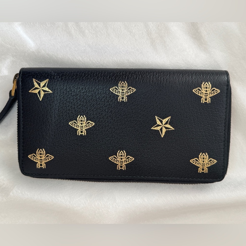 Gucci Zip Around Wallet with Gold Bee and Star Accents 495062